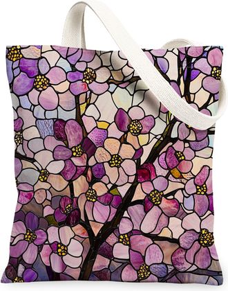 Generic Stained Glass Plum Bossoms Flower Canvas Tote Bag for Shopping 13x15, Luxury Floral Reusable Grocery Print Pattern Bag for Women Men, Garden Cool Aest