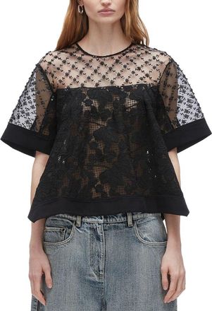3.1 Phillip Lim Corded Lace Organza Short Sleeve Flounce Top