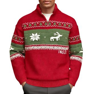 Generic Christmas Jumpers 2025 Mens Quarter Zip Jumper Men Fair Isle Sweater Reindeer Snowflake Printed 1/4 Zip Pullover Knitted Xmas Holiday Sweaters Trendy 