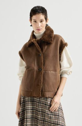 Brunello Cucinelli Fuzzy shearling reversible vest with monili in Chocolate at Nordstrom, Size 44