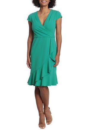 London Times Cap Sleeve Ruffle Faux Wrap Dress in Medium Green at Nordstrom Rack, Size 14