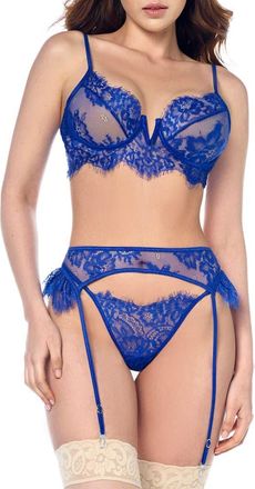 Mapal&eacute; Eyelash Lace Bra, Thong & Garter Belt Set in Blue at Nordstrom, Size Small