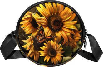 Generic Circle Crossbody Bag for Women, Sunflower Butterflies Small Sling Bag Daypack with Zipper Adjustable Shoulder Straps Casual Ladies Girls Round Purse