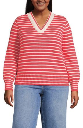Lands End Drifter Set in Sleeve Vneck Sweater in Coral/ivory Mini Stripe at Nordstrom, Size 3X