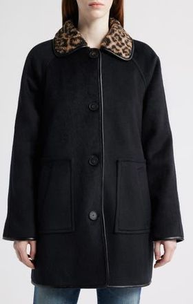 Bernardo Leopard Print Collar Felt Coat in Black /Leopard Print at Nordstrom Rack, Size X-Large