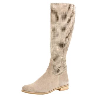 Generic Womens Mid Calf Boots Comfortable Low Heel Round Toe Breathable Perforated Suede for Autumn Winter Casual Wear(Beige, 3.5)