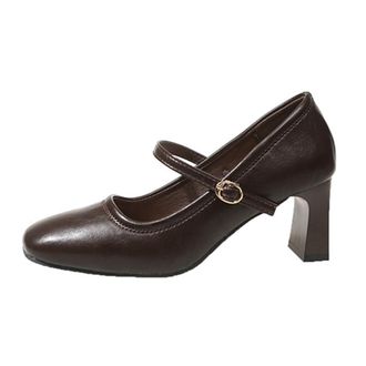 Generic Womens Mary Jane Pumps Square Toe Buckle Strap Casual Block Heel Dress Shoes for Party and Business (7.5,Brown)