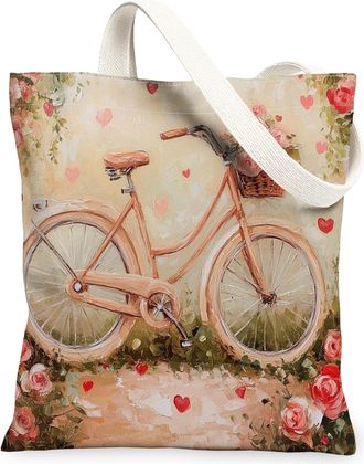 Generic Bike Floral Canvas Tote Bags, Vintage Rose Design Reusable Grocery Bags, Spring Lightweight Washable Shoulder Strap Canvas for Travel Picnic 13x15 Inc