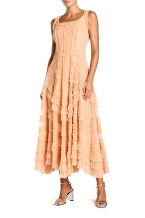 Mac Duggal Scoop Neck Sleeveless Mesh Micro Ruffle Midi Dress in Peach at Nordstrom, Size 10