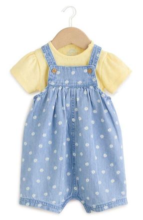 Next Daisy Print Denim Overalls & Cotton Pointelle Bodysuit Set in Yellow/blue at Nordstrom, Size 12-18M