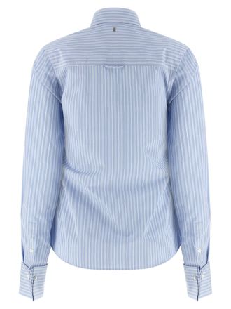 Ami Striped Cotton Poplin with Ruffled Jabot Shirt - Light Blue