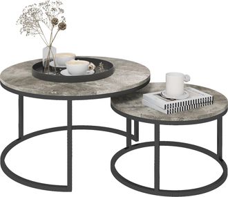 HOMCOM 2 Pcs Stacking Coffee Table Set Steel Frame Cement-Effect Top Foot Pads | TJ Hughes