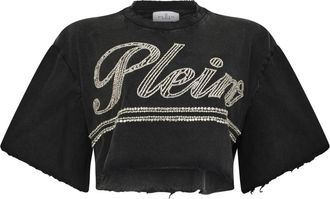 Philipp Plein Cropped T-Shirt Strass Signature - Dames - T-shirts - Zwart - S - Katoen - Tops