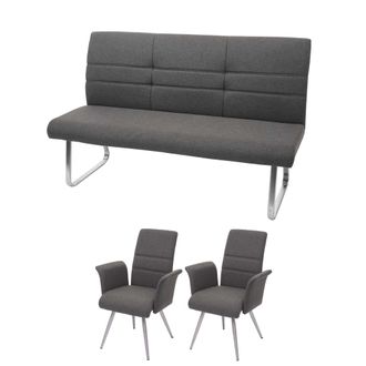Hhg Set 2x Sedie Con Braccioli E Panca Da Interni 180cm Hhg 709 Acciaio Inox Tessuto Grigio