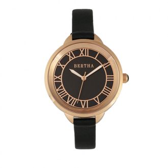 Bertha Sunglasses Womens Madison Sunray Dial Leather-Band Watch - Black & Rose Gold Stainless Steel - One Size