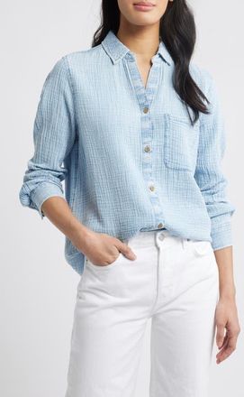 Beach Lunch Lounge Lessi Cotton Gauze Button-Down Shirt in Blue Acid Wash at Nordstrom, Size Large