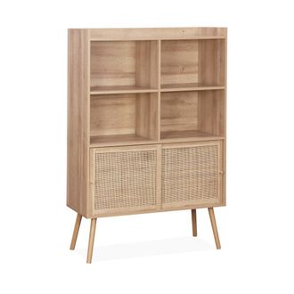 Sweeek Librer&iacute;a de 5 estantes, puertas correderas, efecto madera y ca&ntilde;a