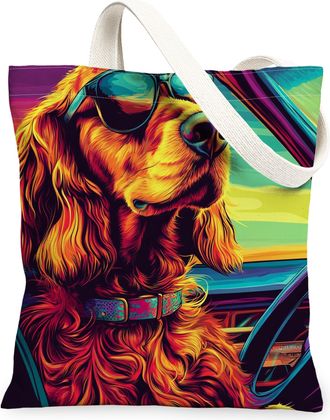 Generic Irish Setter Dog Canvas Tote Bag for Shopping 13x15, Pop Aesthetic Funky Puppy Reusable Grocery Print Pattern Bag for Women, Cool Pet Beach Aesthetic 