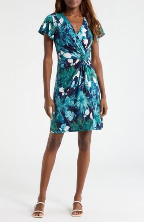 Tommy Bahama Sophia Serene Palms Flutter Sleeve Faux Wrap Dress in Coastline at Nordstrom, Size X-Large