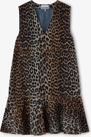 Ganni Brown Leopard Denim Mini Dress - Size 34 Recycled Cotton