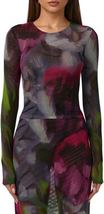 Naked Wardrobe Mesh Print Long Sleeve Top in Baroque Bloom at Nordstrom, Size X-Small