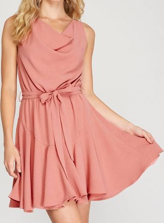 She + Sky Sleeveless Cowl Neck Flounce Woven Dress With Sash In Dusty Rose