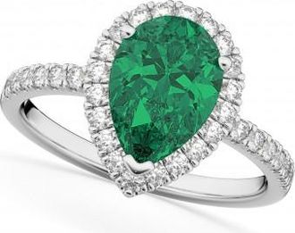 Allurez Pear Cut Halo Lab Emerald & Lab Diamond Engagement Ring 14K White Gold 3.21ct