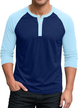 Generic Mens Casual Henley T-Shirts Shirts for Men Adult Grandad Shirt Button Patchwork Golf Regular Fit 3/4 Sleeve White Polo Mens (Dark Blue, 3XL)