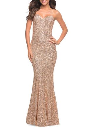 La Femme Strapless Sweetheart Luxe Sequin Gown in Rose Gold at Nordstrom, Size 14