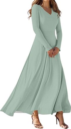 Generic Summer Dresses for Women UK Shirred Dress Cotton Beach Ladies Summer Dresses V-Neck Elegant Holiday Sun Casual Long Sleeve Plus Size Maxi for Women UK