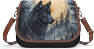 Generic Black Wolf Full Moon Leather Crossbody Bags for Women Messenger Handbag Purse Shoulder Bag