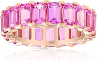 Pompeii3 5X3mm Simulated Pink Sapphire Emerald Cut Eternity Ring Solid 10k Rose Gold