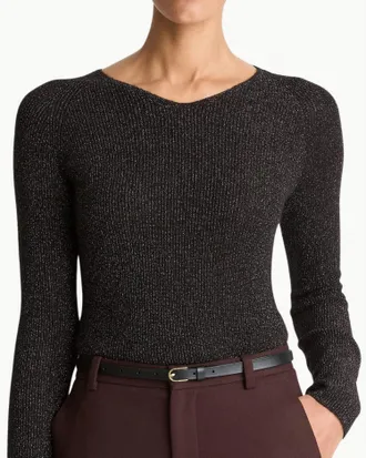 Vince Metallic Ribbed High V-Neck Sweater In Black