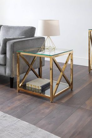 Julian Bowen Miami Glass Top Cross Frame Side Table with Shelf in Gold