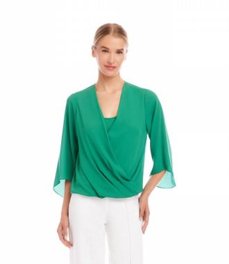 Karen Kane Bracelet Sleeve Drape Front Crossover Top - Petite In Kelly Green
