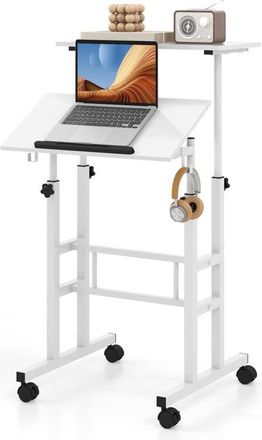 Costway Scrivania mobile regolabile in altezza e in altezza per laptop con ripiano angolare regolabile, 2 ganci rimovibili e ruote, bianco