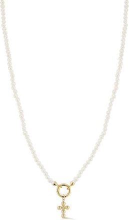 Ember Fine Jewelry 14K Yellow Gold Diamond Cross Beaded Necklace in Gold/pearl at Nordstrom Rack