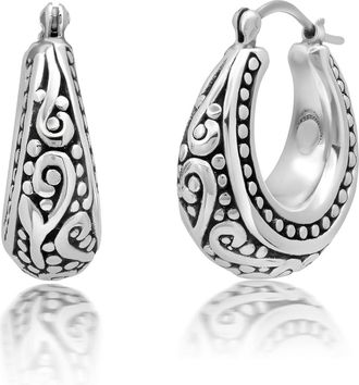 MAX + STONE 925 Sterling Silver Hoop Beaded Filigree Chunky Silver Earrings