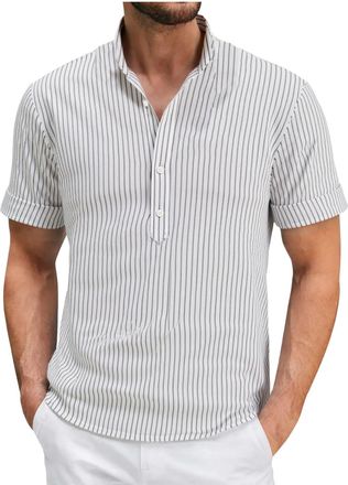 Generic Dyhxuan Linen Shirt Mens Striped Cotton Linen Shirt Button Down Stand-Up Collar T Shirt Summer Short Sleeve T-Shirt Regular Fit Summer Shirt Lightweig