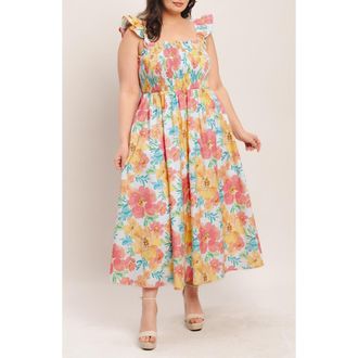 Flying Tomato Floral Ruffle Strap Cotton Fit & Flare Maxi Dress in Multi Floral at Nordstrom Rack, Size 1 X