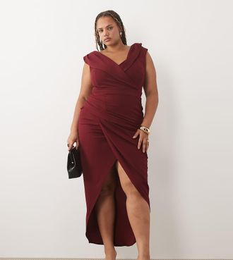 Tfnc Plus Vestito lungo bordeaux con scollo a barchetta e dettaglio avvolgente-Marrone