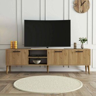 Dmora Dmora - Mueble De Televisi&oacute;n Tiaki, Aparador De Sal&oacute;n, Mueble Bajo Para Tv, Base De Pared Equipada, 150x34 H52 Cm, Roble Y Blanco