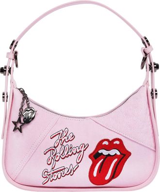 THE ROLLING STONES Denim Shoulder Bag - Tongue Logo Mini Hobo Purse (Navy/Denim & Pink)
