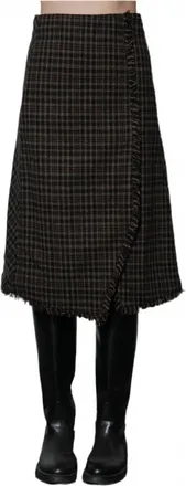 Greylin Brighton Asymetric Plaid Fringe Midi Skirt In Black