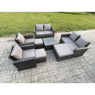 Fimous Outdoor Garden Furniture Sets 8 Pieces Wicker Rattan Furniture Manual Wicker Patio Sofa Patio Conversation Set with 3 Footstools Dark Grey Mixed