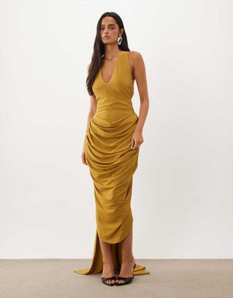 Asos vestito midi con scollo profondo, schiena scoperta e strascico in tobacco-Nero