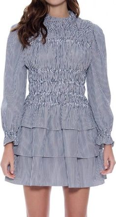Gracia Pinstriped Ruffle Hem Flounce Sleeve Smocked Dress In Grey