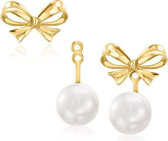 Ross-Simons 10kt Yellow Gold Bow Earrings With Removable 6-6.5mm Cultured Pearl Drops