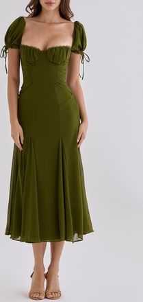 House of CB Marceline Chiffon Puff Sleeve Midi Dress in Olive at Nordstrom, Size X-Large