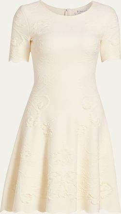 Oscar De La Renta Floral Jacquard Knit Short-Sleeve Mini Dress
